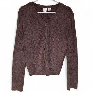 Joie Chocolate-Brown Fuzzy Cable V-Neck Button Cardigan